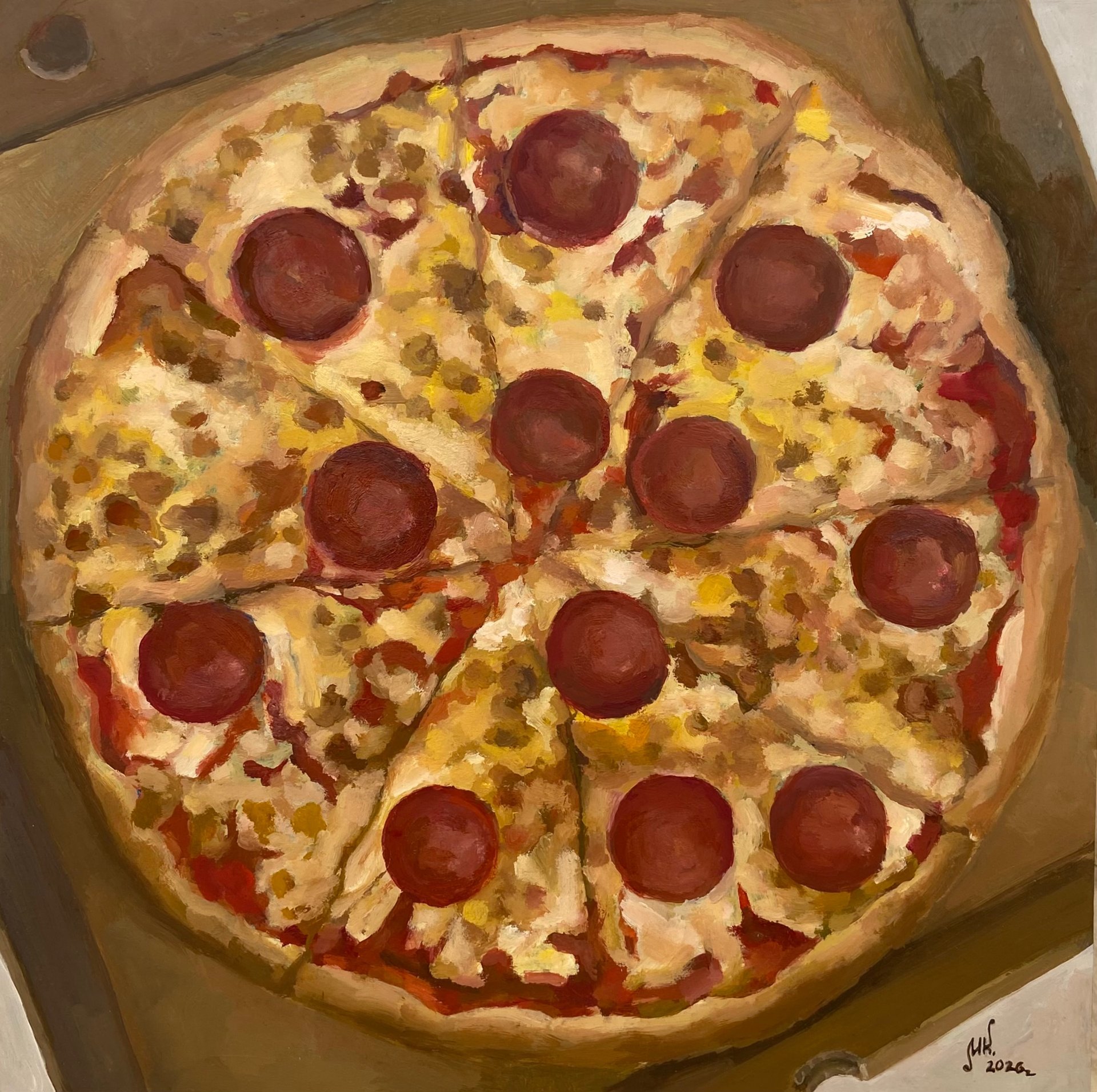 Irresistible Pepperoni Pizza Art Painting by Maria Kuznetsova
