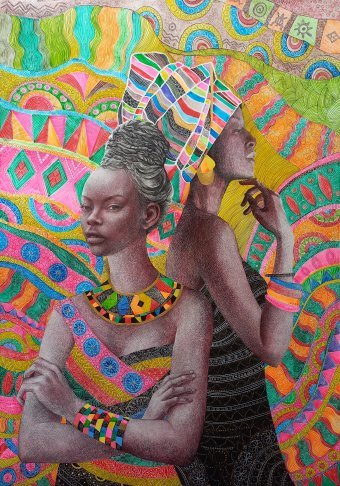 Drawing "Daughters of the Sun" by illustrator Lana Korolievskaia ink cardboard at Jose Art Gallery