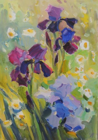 Malerei "Schwertlilien: Lebendige Blumenimpressionen", maler/-in Anna Trachuk Öl Leinwand in der Jose Art Gallery