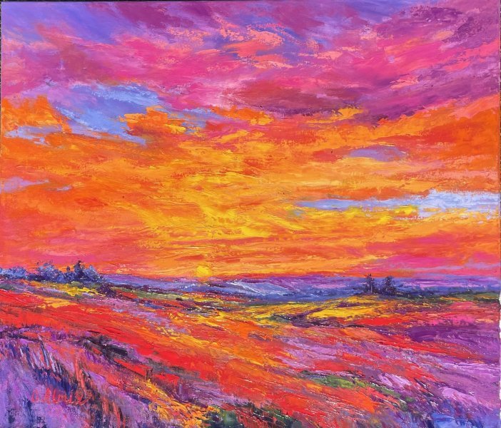 Additional view 1: Abstract Landscape Painting Symphony of the Evening Fire by painter Oksana Almiz pencil canvas 