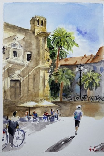 Painting "Evening in Mediterranean Square" by painter Helha K. watercolor paper at Jose Art Gallery