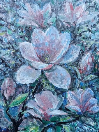 Painting "Magnolia Flowers." by painter Nataliya Gricenko acrylic wood at Jose Art Gallery