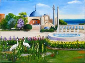 Painting "Sunlit Coastal Garden Serenity" by painter Fa Ley acrylic canvas at Jose Art Gallery