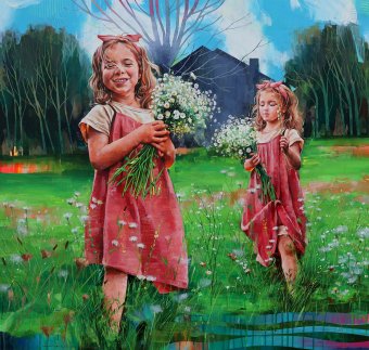 Painting "Childhood Joy in Blossom Fields" by painter ARINDAM BISWAS acrylic canvas at Jose Art Gallery