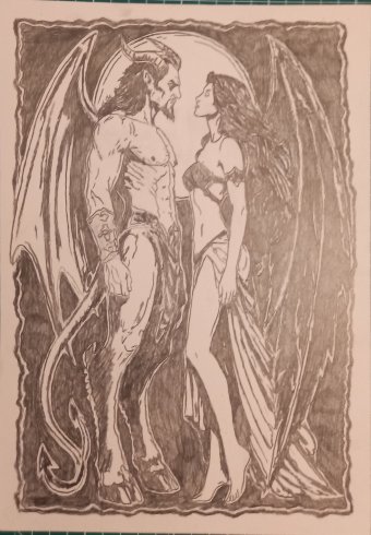 Grafika "Diabeł i Lilith", ilustrator Temnyy ryt papier w Jose Art Gallery