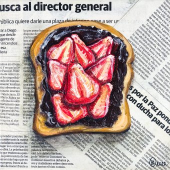 Painting "Strawberry Jam Toast Original: Daily Life Tension" by painter Oksana Shevchenko oil canvas at Jose Art Gallery