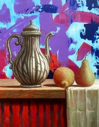 Painting "Still life with jug and pears" by painter Aleksandr Romanenko oil canvas at Jose Art Gallery