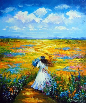 Painting "Woman Walking Through a Flower" by painter Olha Darchuk oil canvas at Jose Art Gallery