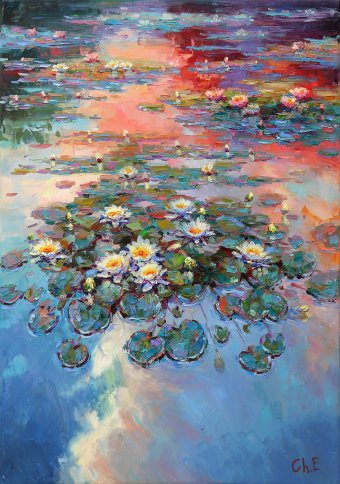 Evening river with lilies