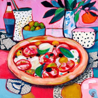 Painting "Pizza Party, Italia" by painter Oksana Shevchenko acrylic wood at Jose Art Gallery