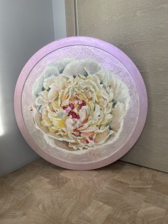 Peinture "Pivoine Nacre : Chic Rose Moderne", peintre Oksana Almiz huile toile à la Jose Art Gallery