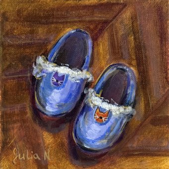 Pittura "Pantofole a forma di gatto", pittore Nikolaienko Julia acrilico tela alla Jose Art Gallery