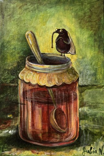 Pittura "Barattolo di marmellata", pittore Nikolaienko Julia acrilico tela alla Jose Art Gallery