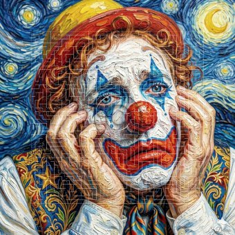 Sad clown in the style of Van Gogh