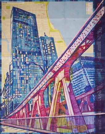 Graphik "Chicagoer Brücken", illustrator Kateryna Bortsova Mischtechnik Papier in der Jose Art Gallery