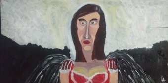 Pittura "La Santa Impura. Critica e Coscienza Sociale", pittore Luis Miguel Acosta acrilico legno alla Jose Art Gallery