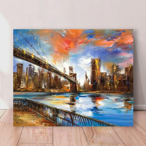 Additional view 4: Impressionism Landscape Painting View of the Brooklyn Bridge by painter Aleksandr Romanenko oil canvas 