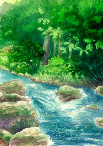 Painting "Kaisertal Stream Flowing Serenity" by painter Iryna Kozhyna watercolor paper at Jose Art Gallery