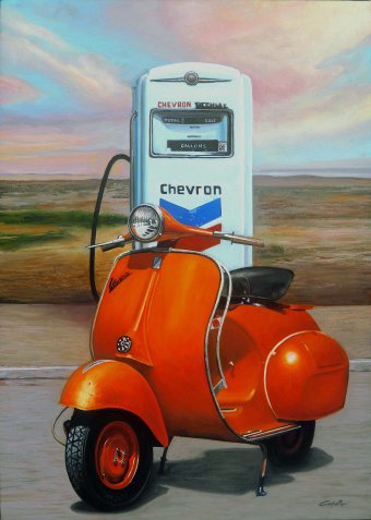 Drawing "Luminous Vespa with Chevron Symbol" by illustrator Francesco Capello oil paint canvas at Jose Art Gallery