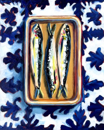 Painting "Sardines Blue Essence Expressionism" by painter Oksana Shevchenko oil wood at Jose Art Gallery