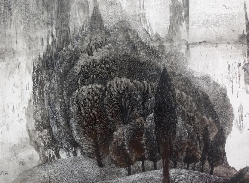 Additional view 3: Symbolism Landscape Drawing The World Before Names by illustrator Lana Korolievskaia ink cardboard 