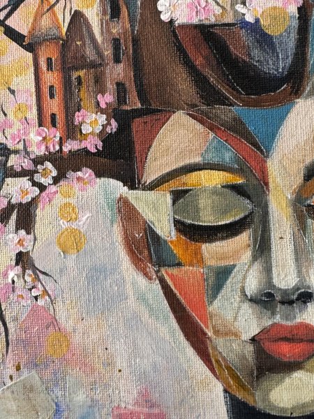 Additional view 1: Cubism Portrait Painting Where Dreams Bloom by painter Anna Chekus acrylic canvas 