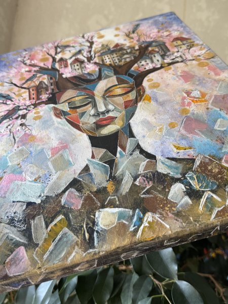Additional view 4: Cubism Portrait Painting Where Dreams Bloom by painter Anna Chekus acrylic canvas 