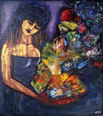 Painting "Celestial Dance of Gold and Flowers" by painter Marco Fidel Nuñez Súarez oil canvas at Jose Art Gallery