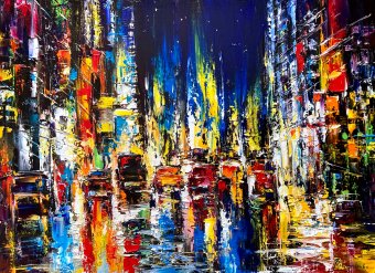 Peinture "Lumières de la ville en soirée", peintre Aleksandr Romanenko huile toile à la Jose Art Gallery