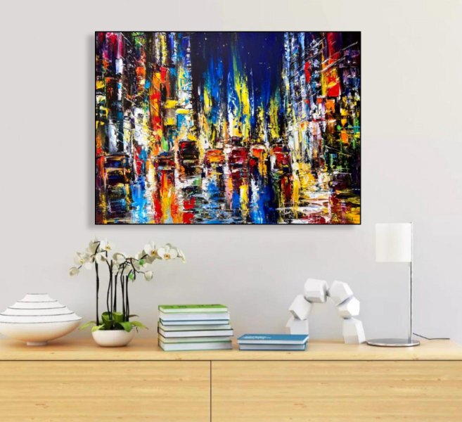 Additional view 6: Impressionism Cityscapes Painting Evening city lights by painter Aleksandr Romanenko oil canvas 
