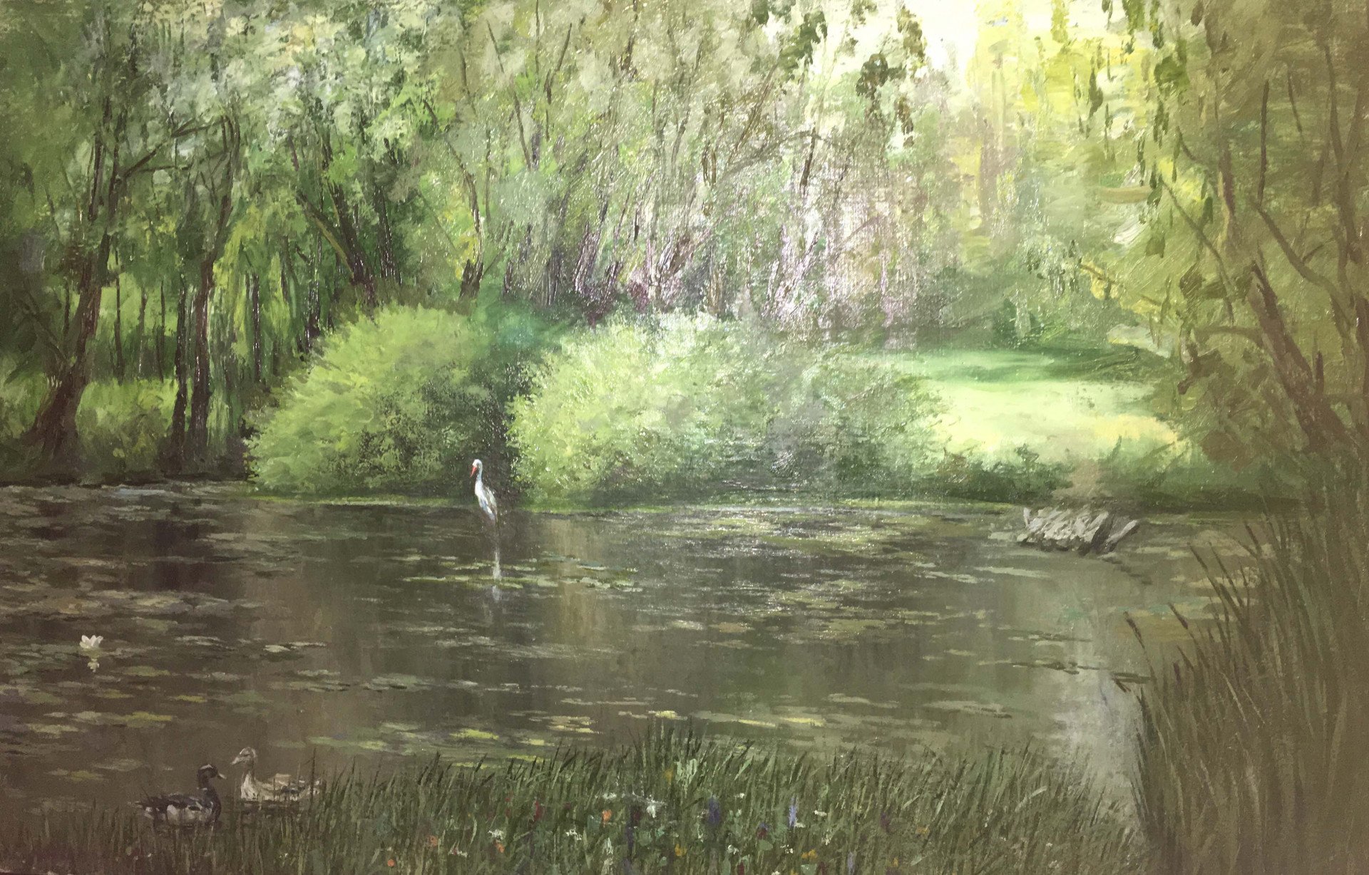 Oil painting Forest Lake Painting by Andrii Zhyvodorov