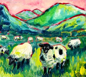 Painting "Green Pastures Original Oil: Faith and Grace" by painter Oksana Shevchenko oil wood at Jose Art Gallery