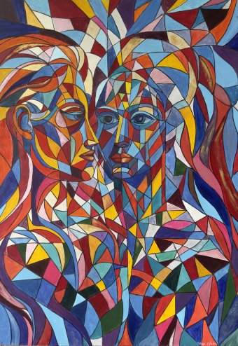 Pittura "Oltre le maschere", pittore Anna Chekus acrilico cartone alla Jose Art Gallery