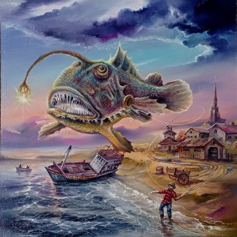 Painting "Angler fishing for anglerfish" by painter Igor Sokolskiy oil plaster at Jose Art Gallery