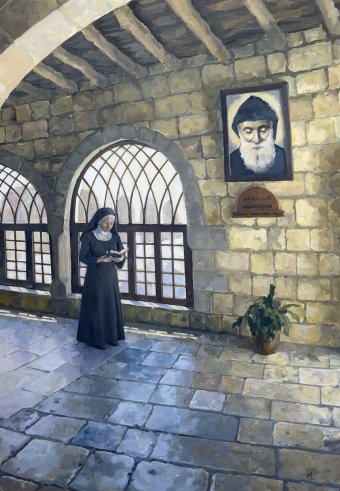 Painting "Saint Charbel Monastery Interior Serenity" by painter Maria Kuznetsova oil canvas at Jose Art Gallery
