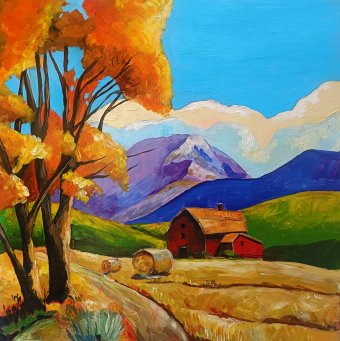 Painting "Autumn Fields" by painter Evgenia Smirnova acrylic wood at Jose Art Gallery