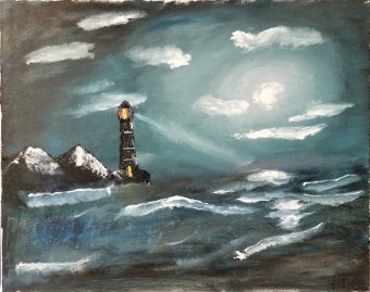 Painting "Lighthouse light through the storm" by painter Temnyy oil fabric at Jose Art Gallery
