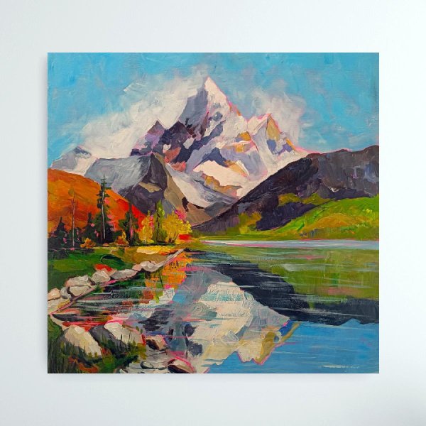 Imagen adicional 1: Posimpresionismo Paisaje Pintura "Aguas tranquilas, picos infinitos", pintor Evgenia Smirnova acrílico madera 