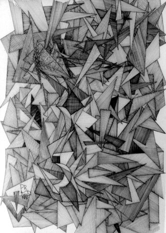 Drawing "Vase with Fruit: Elegance and Abstractionism" by illustrator Paul Bonnie Kent drawing ink paper at Jose Art Gallery