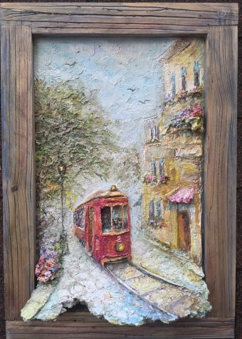 Painting "Red Tram on an Old Street" by painter Vardan Azaryan acrylic wood at Jose Art Gallery