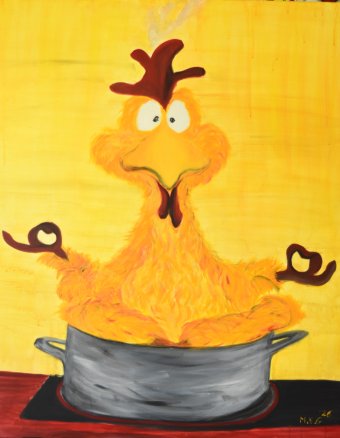 Yellow Chicken Humor in Kitchen Art
