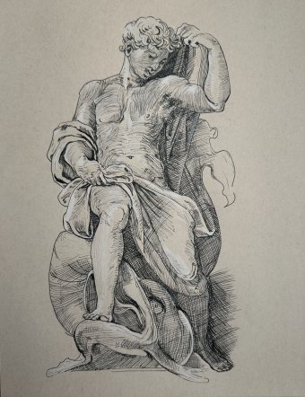 Drawing "Silent Contemplation" by illustrator Carlos Barta ink paper at Jose Art Gallery