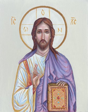 Pittura "Icona di Cristo Pantocratore", pittore Stefan Rybkevych olio tela alla Jose Art Gallery