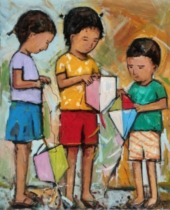 Painting "Children with kites (1)" by painter Sandro Maciel Lima acrylic fabric at Jose Art Gallery