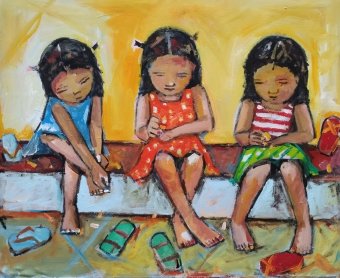 Painting "Girls painting their nails" by painter Sandro Maciel Lima acrylic fabric at Jose Art Gallery