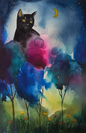 Painting "The Midnight Visitor" by painter Evgenia Smirnova watercolor paper at Jose Art Gallery