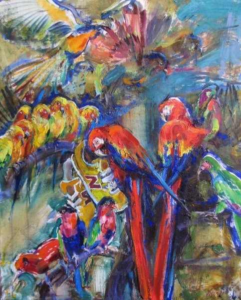 Cities parrots Painting by Violeta Monsevych