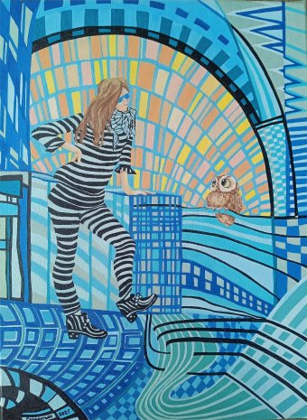 Pintura "Corujinha, reunião matinal.", pintor Oksana Gladovska acrilo tela de pintura na Jose Art Gallery