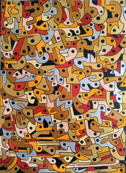 Additional view 1: Abstract Genre Painting Composition 32 (Cat. No. 231) by painter Sergio Billeri oil wood 