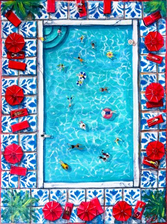 Painting "Mediterranean Pool Day: Summer Serenity" by painter Oksana Shevchenko mixed method canvas at Jose Art Gallery